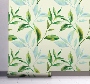 GW5231 Grace & Gardenia Pastel Watercolor Leaves Peel and Stick Wallpaper Roll 20.5 inch Wide x 18 ft. Long, Green Blue