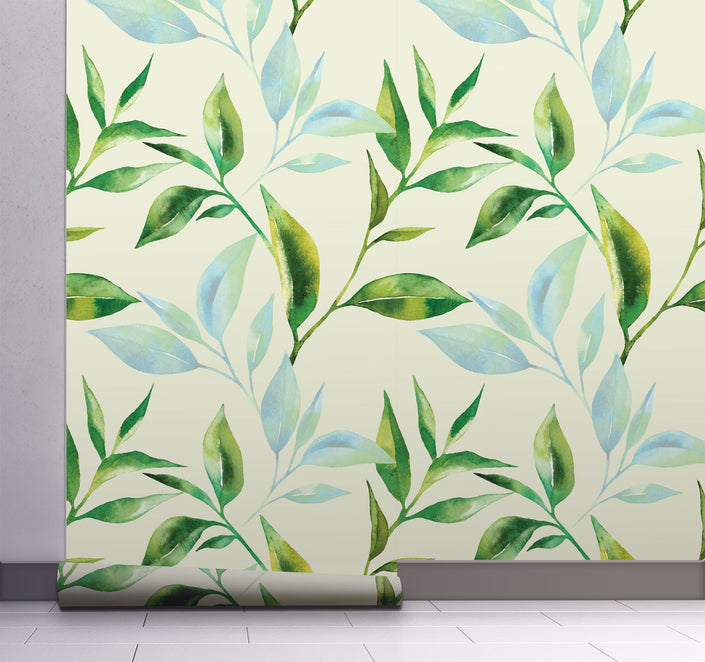 GW5231 Grace & Gardenia Pastel Watercolor Leaves Peel and Stick Wallpaper Roll 20.5 inch Wide x 18 ft. Long, Green Blue