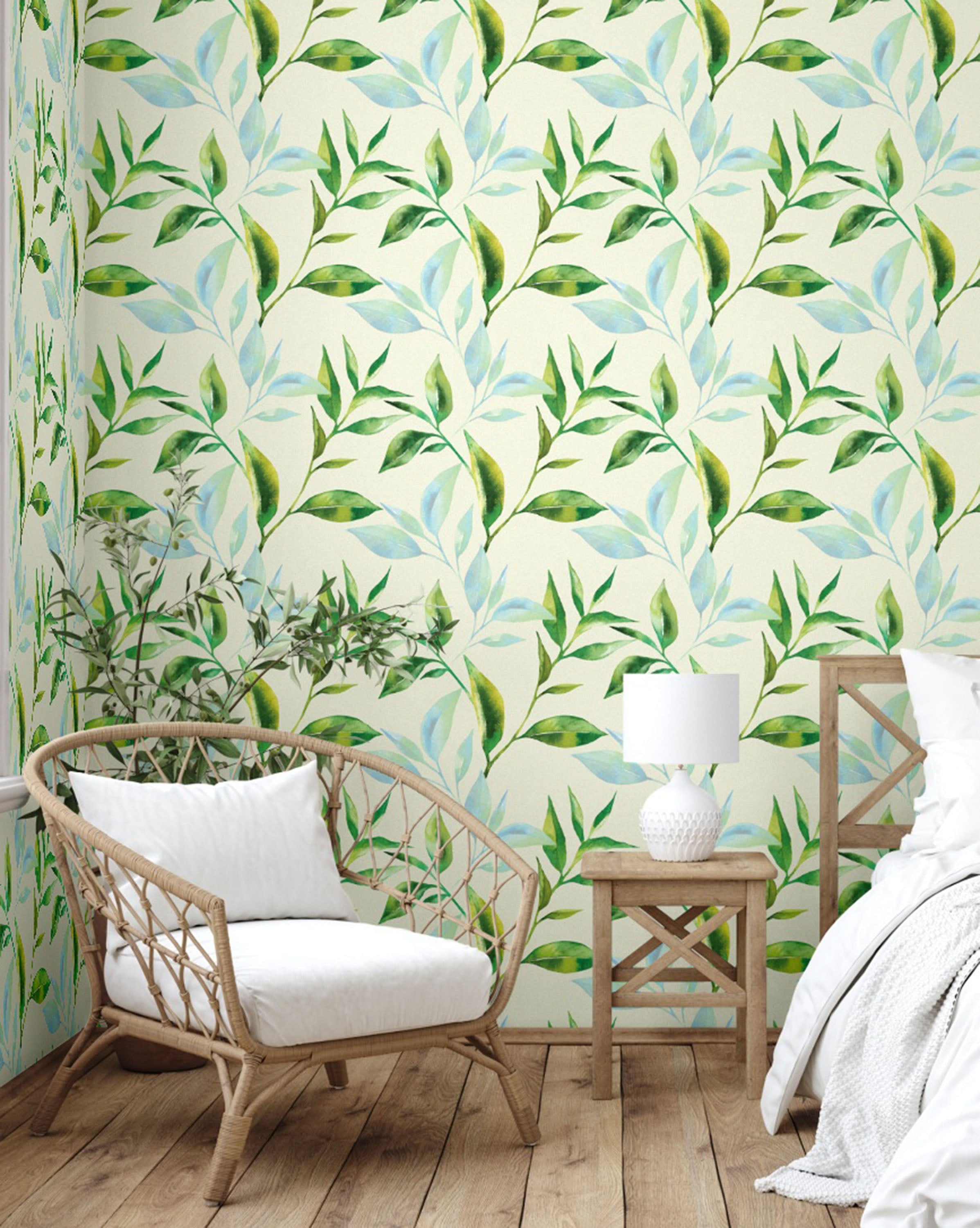 GW5231 Grace & Gardenia Pastel Watercolor Leaves Peel and Stick Wallpaper Roll 20.5 inch Wide x 18 ft. Long, Green Blue