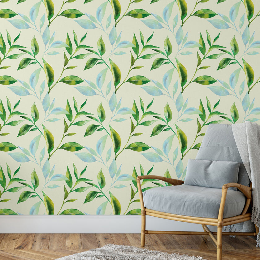 GW5231 Pastel Watercolor Leaves Peel and Stick Wallpaper Roll 19 inch Wide x 18 ft. Long Green Blue