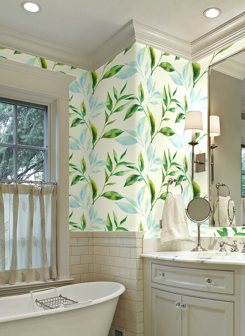 GW5231 Pastel Watercolor Leaves Peel and Stick Wallpaper Roll 19 inch Wide x 18 ft. Long Green Blue