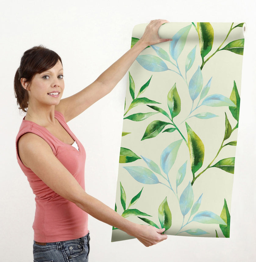 GW5231 Pastel Watercolor Leaves Peel and Stick Wallpaper Roll 19 inch Wide x 18 ft. Long Green Blue