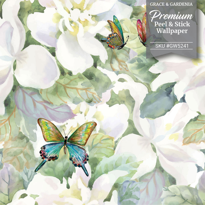 GW5241 Pastel Watercolor Magnolias with Butterflies Peel and Stick Wallpaper Roll 19 inch Wide x 18 ft. Long Green Yellow White
