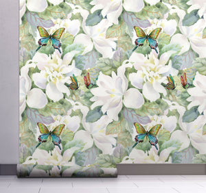 GW5241 Pastel Watercolor Magnolias with Butterflies Peel and Stick Wallpaper Roll 19 inch Wide x 18 ft. Long Green Yellow White