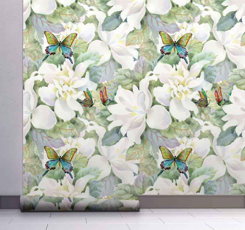 GW5241 Pastel Watercolor Magnolias with Butterflies Peel and Stick Wallpaper Roll 19 inch Wide x 18 ft. Long Green Yellow White
