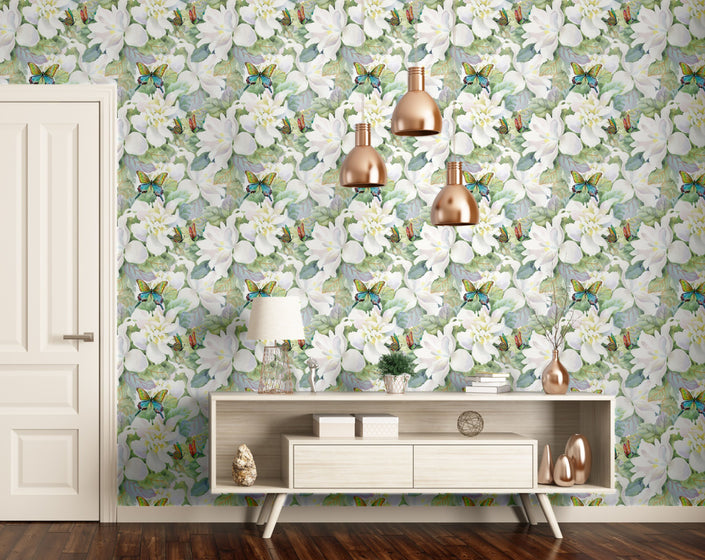 GW5241 Pastel Watercolor Magnolias with Butterflies Peel and Stick Wallpaper Roll 19 inch Wide x 18 ft. Long Green Yellow White