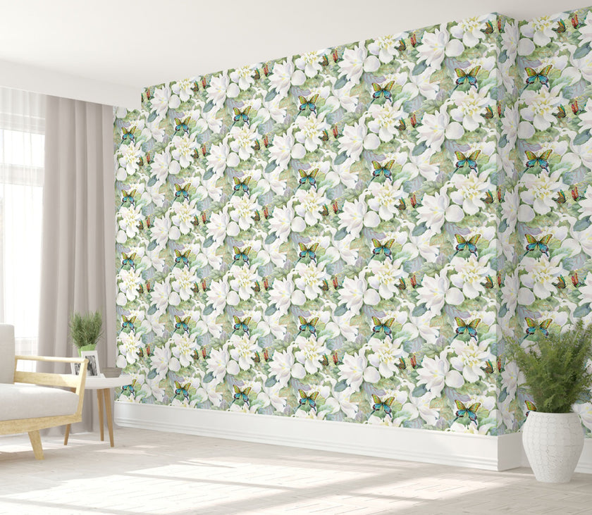 GW5241 Pastel Watercolor Magnolias with Butterflies Peel and Stick Wallpaper Roll 19 inch Wide x 18 ft. Long Green Yellow White