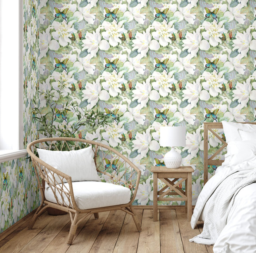 GW5241 Pastel Watercolor Magnolias with Butterflies Peel and Stick Wallpaper Roll 19 inch Wide x 18 ft. Long Green Yellow White