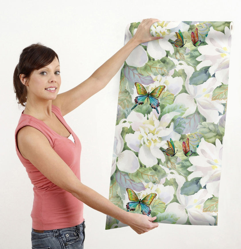 GW5241 Pastel Watercolor Magnolias with Butterflies Peel and Stick Wallpaper Roll 19 inch Wide x 18 ft. Long Green Yellow White