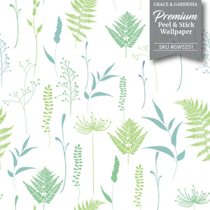 GW5251 Woodland Ferns Peel and Stick Wallpaper Roll 19 inch Wide x 18 ft. Long Chartreuse Aqua