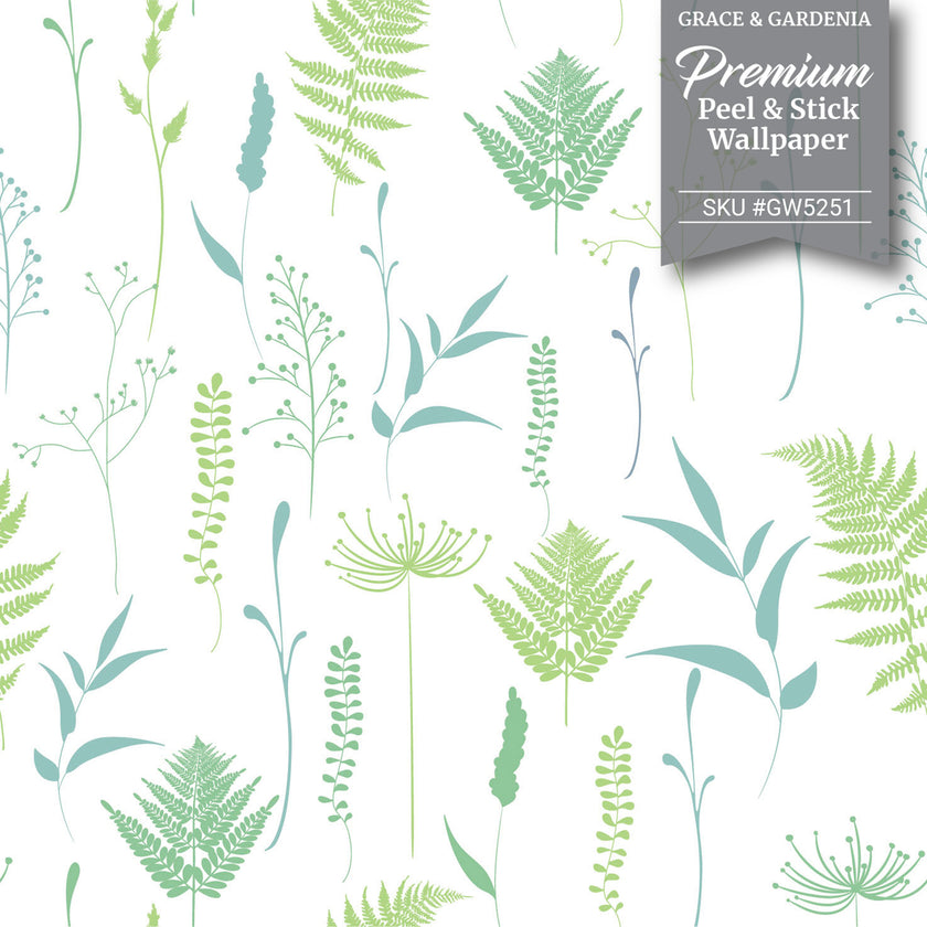 GW5251 Woodland Ferns Peel and Stick Wallpaper Roll 19 inch Wide x 18 ft. Long Chartreuse Aqua