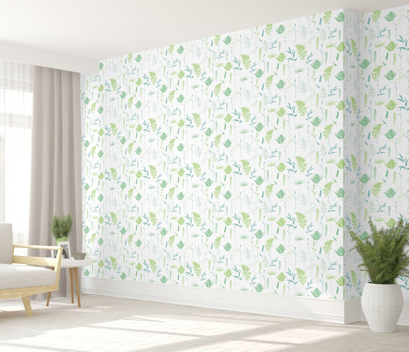 GW5251 Woodland Ferns Peel and Stick Wallpaper Roll 19 inch Wide x 18 ft. Long Chartreuse Aqua