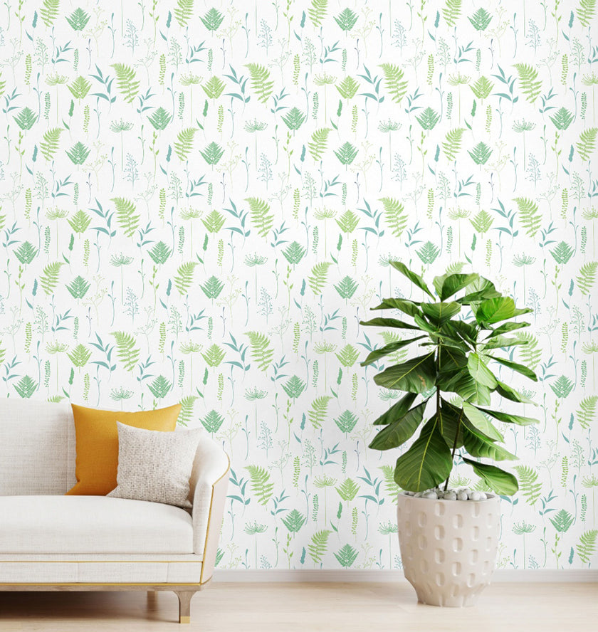 GW5251 Woodland Ferns Peel and Stick Wallpaper Roll 19 inch Wide x 18 ft. Long Chartreuse Aqua
