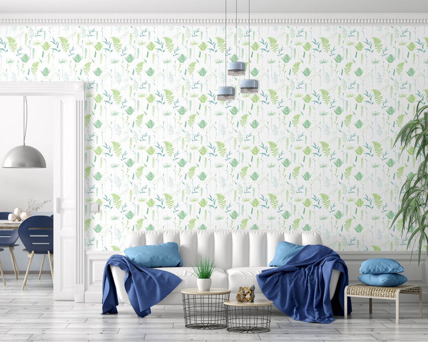 GW5251 Woodland Ferns Peel and Stick Wallpaper Roll 19 inch Wide x 18 ft. Long Chartreuse Aqua