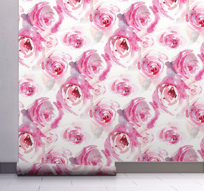 GW5261 Watercolor Canvas Pink Roses Peel & Stick Wallpaper Roll size 19 inch Wide x 18ft. Long in Pink