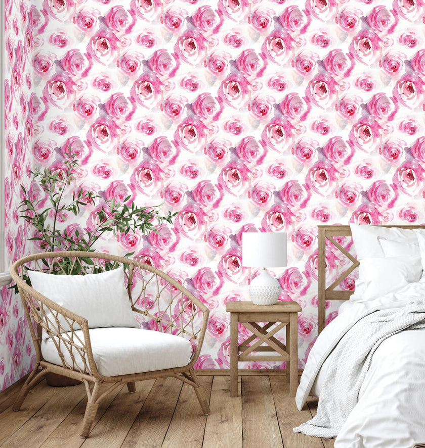 GW5261 Watercolor Canvas Pink Roses Peel & Stick Wallpaper Roll size 19 inch Wide x 18ft. Long in Pink