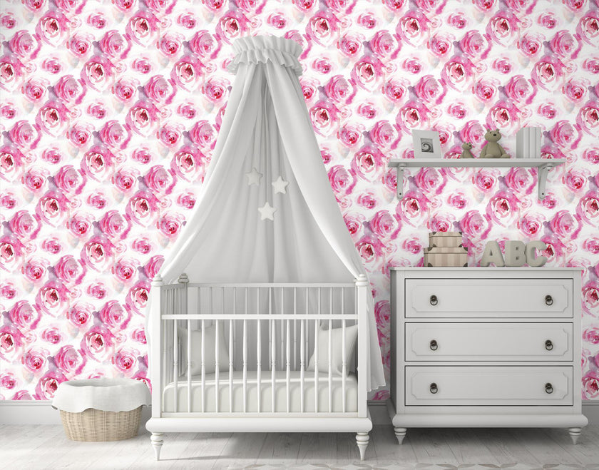 GW5261 Watercolor Canvas Pink Roses Peel & Stick Wallpaper Roll size 19 inch Wide x 18ft. Long in Pink