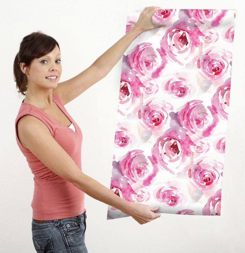 GW5261 Watercolor Canvas Pink Roses Peel & Stick Wallpaper Roll size 19 inch Wide x 18ft. Long in Pink