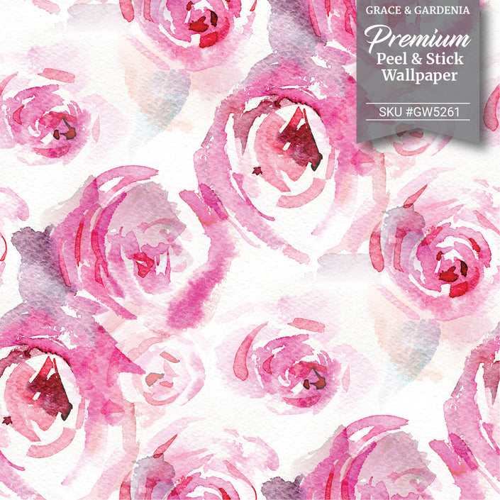 GW5261 Watercolor Canvas Pink Roses Peel & Stick Wallpaper Roll size 19 inch Wide x 18ft. Long in Pink