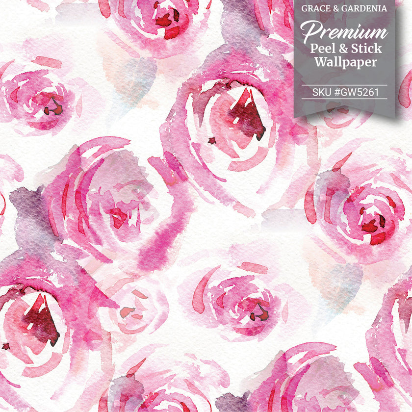 GW5261 Watercolor Canvas Pink Roses Peel & Stick Wallpaper Roll size 19 inch Wide x 18ft. Long in Pink