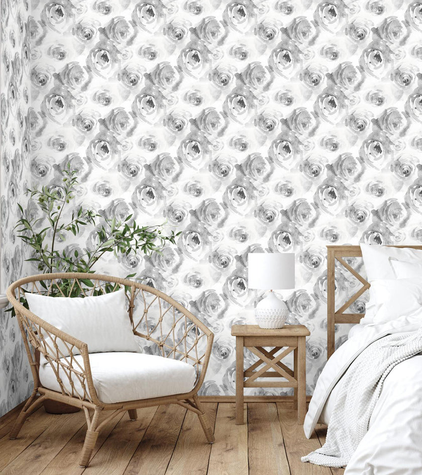 GW5262 Watercolor Canvas Roses Peel & Stick Wallpaper Roll size 19 inch Wide x 18ft. Long Gray Black White