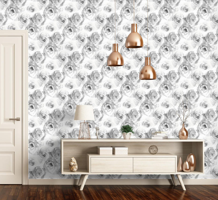 GW5262 Watercolor Canvas Roses Peel & Stick Wallpaper Roll size 19 inch Wide x 18ft. Long Gray Black White