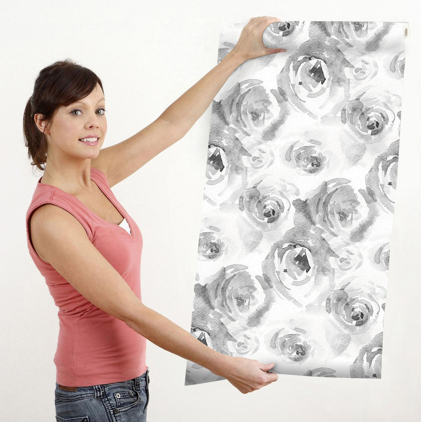 GW5262 Watercolor Canvas Roses Peel & Stick Wallpaper Roll size 19 inch Wide x 18ft. Long Gray Black White