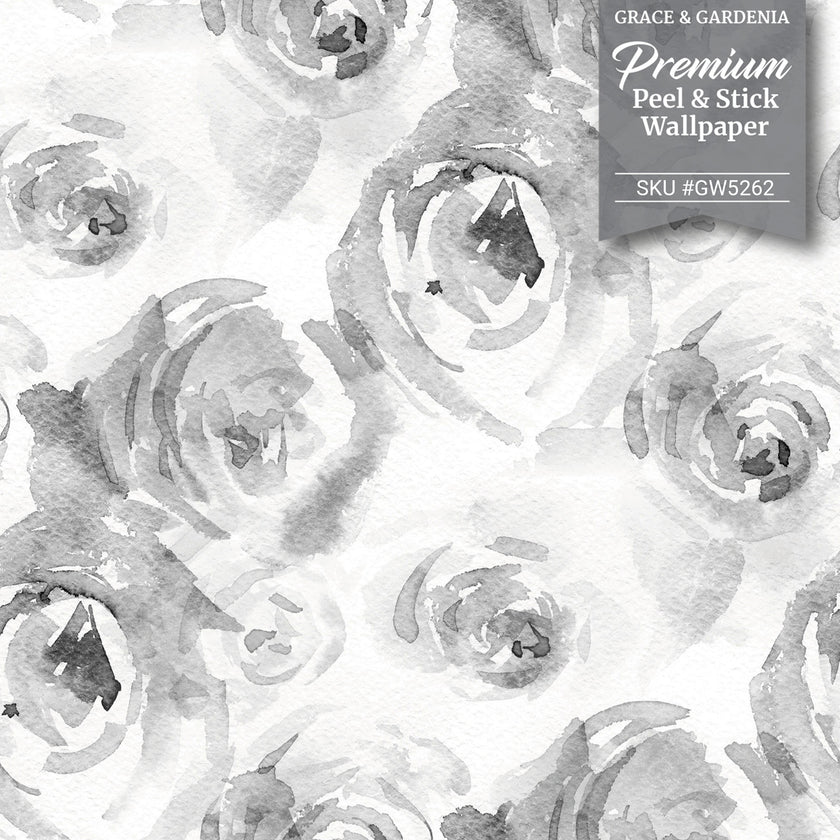 GW5262 Watercolor Canvas Roses Peel & Stick Wallpaper Roll size 19 inch Wide x 18ft. Long Gray Black White