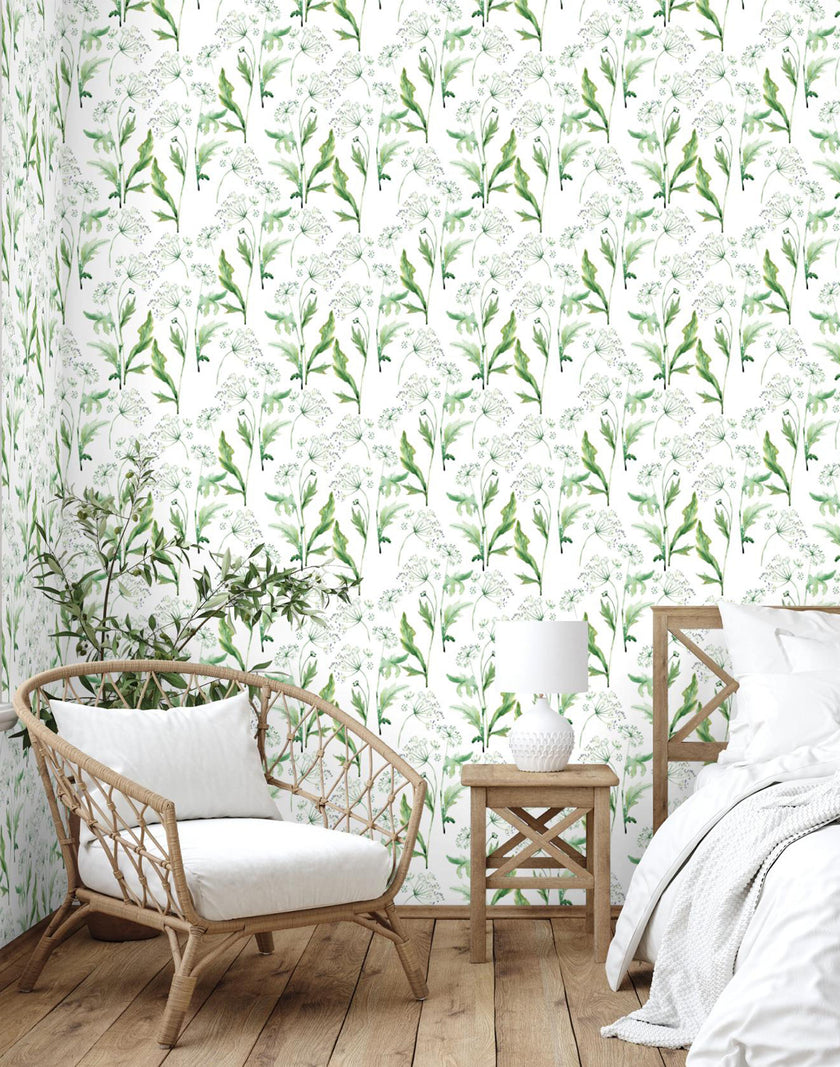 GW5271 Watercolor Spring Flower Peel & Stick Wallpaper Roll size 19 inch Wide x 18ft. Long Green Off White
