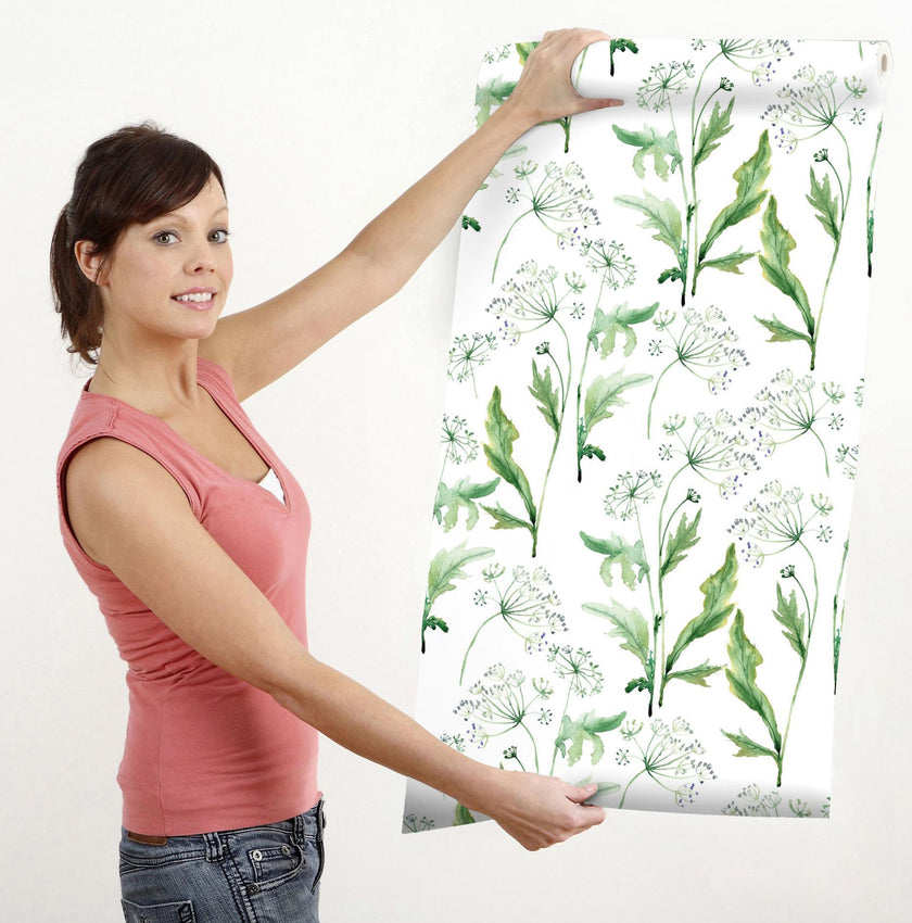 GW5271 Watercolor Spring Flower Peel & Stick Wallpaper Roll size 19 inch Wide x 18ft. Long Green Off White