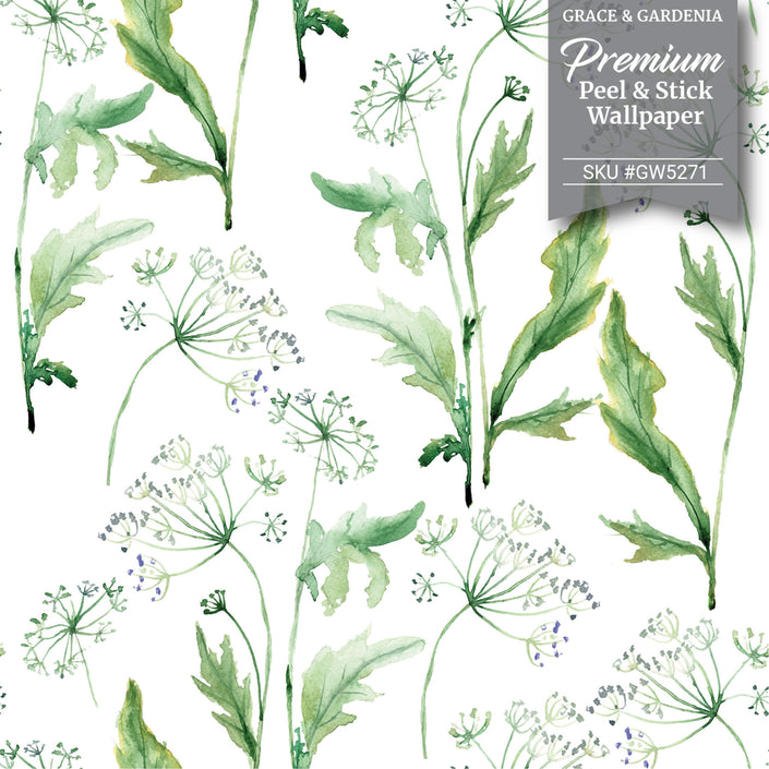 GW5271 Watercolor Spring Flower Peel & Stick Wallpaper Roll size 19 inch Wide x 18ft. Long Green Off White