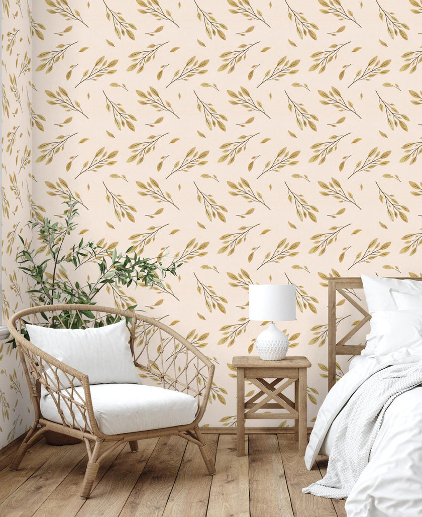 GW5281 Watercolor Leaves & Branches Peel & Stick  Wallpaper Roll size 19 inch Wide x 18ft. Long Pink Green White