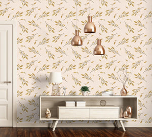 GW5281 Watercolor Leaves & Branches Peel & Stick  Wallpaper Roll size 19 inch Wide x 18ft. Long Pink Green White