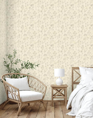 GW5301 Wish Puff Flower on Fabric Peel & Stick Wallpaper Roll 19 in Wide x 18 ft. Long Beige Gray