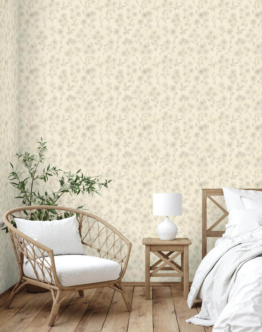 GW5301 Wish Puff Flower on Fabric Peel & Stick Wallpaper Roll 19 in Wide x 18 ft. Long Beige Gray