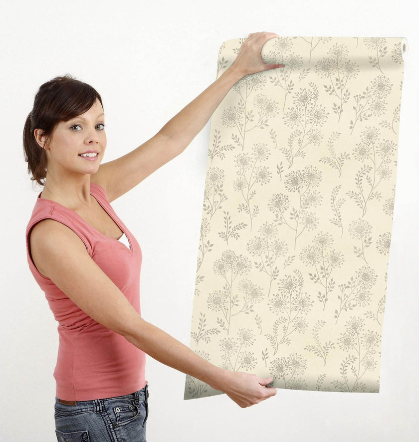 GW5301 Wish Puff Flower on Fabric Peel & Stick Wallpaper Roll 19 in Wide x 18 ft. Long Beige Gray