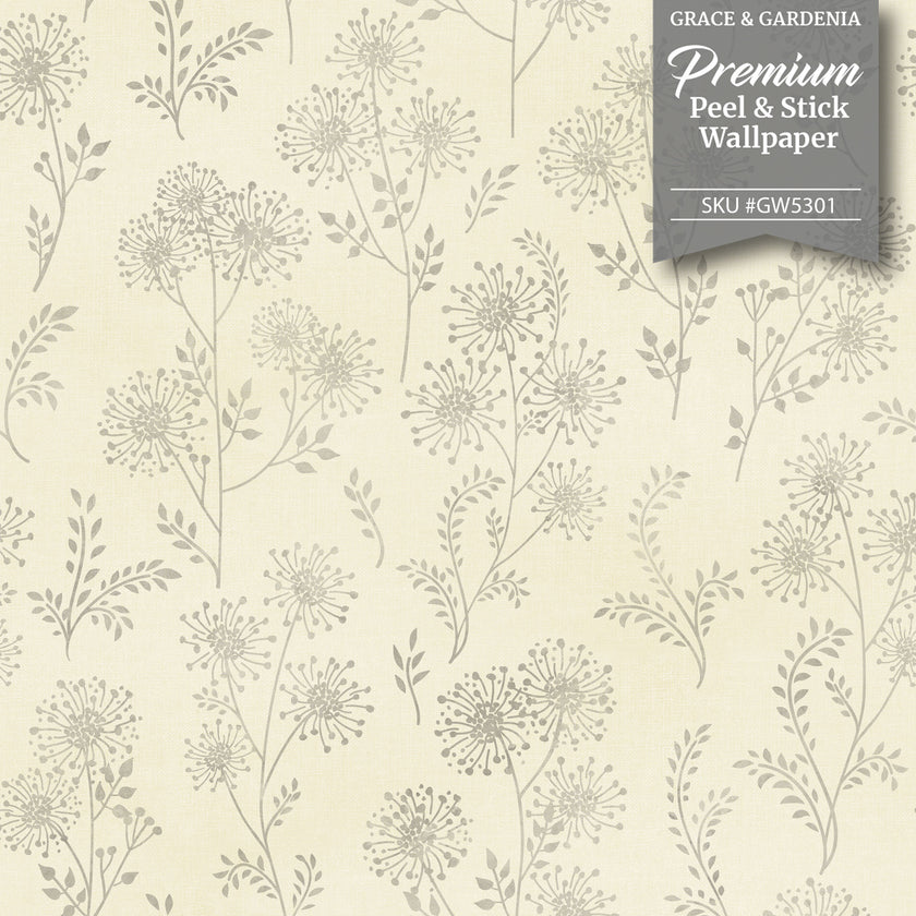 GW5301 Wish Puff Flower on Fabric Peel & Stick Wallpaper Roll 19 in Wide x 18 ft. Long Beige Gray