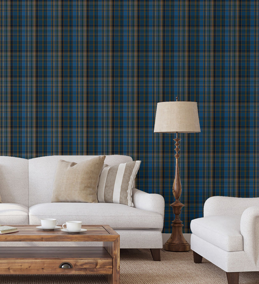 GW6021 Classic Plaid Pattern Peel and Stick Wallpaper Roll 19 inch Wide x 18 ft. Long Blue Orange