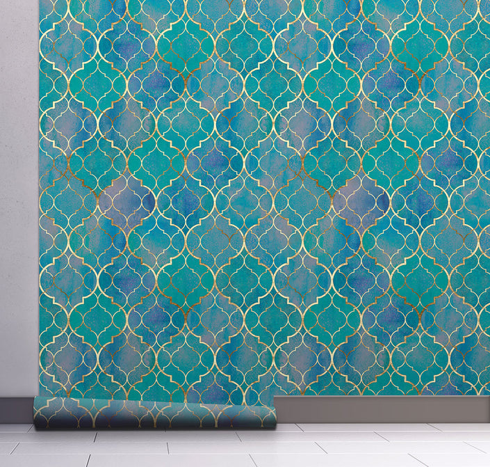 GW7011 Watercolor Moroccan Pattern Peel and Stick Wallpaper Roll 19 inch  x 18 ft. Long Turquoise Purple Blue Tan