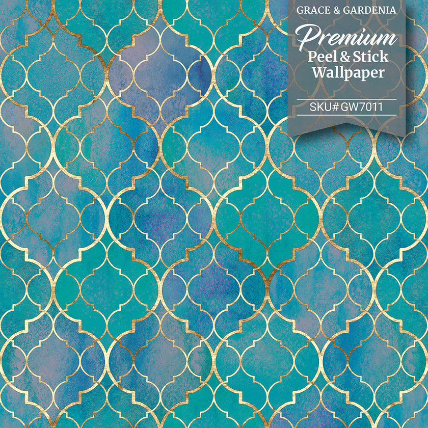 GW7011 Watercolor Moroccan Pattern Peel and Stick Wallpaper Roll 19 inch  x 18 ft. Long Turquoise Purple Blue Tan