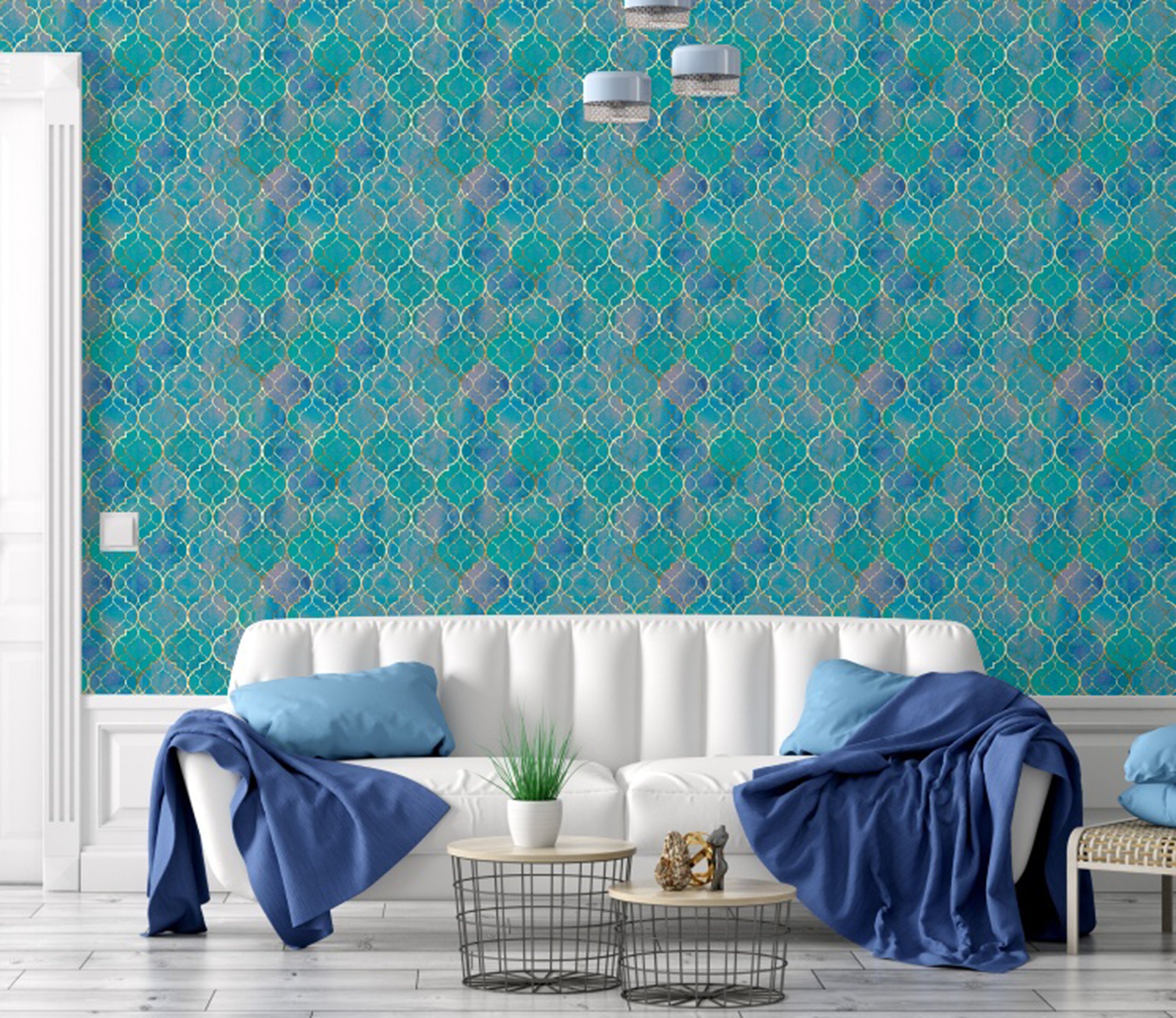 GW7011 Watercolor Moroccan Pattern Peel and Stick Wallpaper Roll 20.5 inch  x 18 ft. Long Turquoise Purple Blue Tan