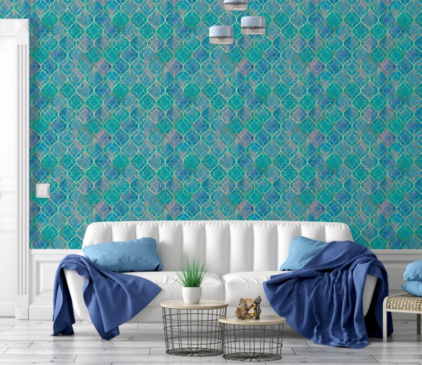 GW7011 Watercolor Moroccan Pattern Peel and Stick Wallpaper Roll 19 inch  x 18 ft. Long Turquoise Purple Blue Tan