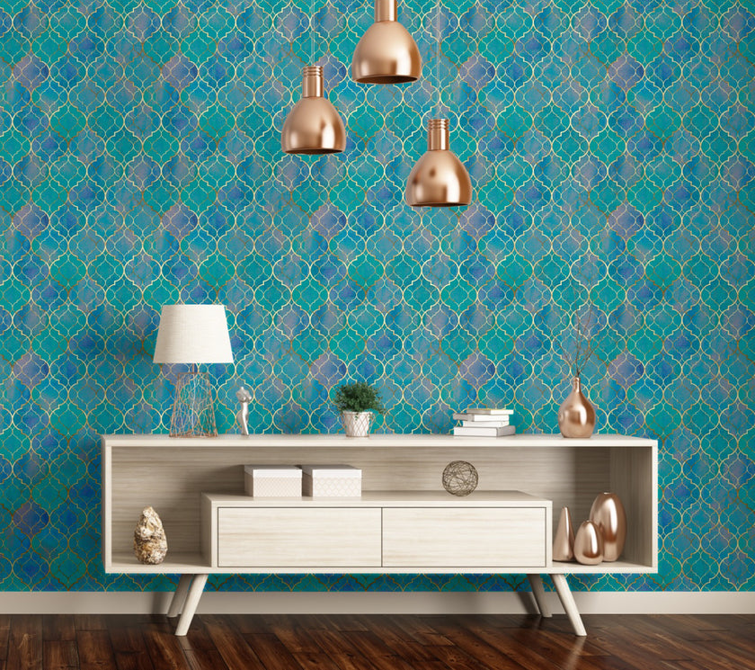 GW7011 Watercolor Moroccan Pattern Peel and Stick Wallpaper Roll 19 inch  x 18 ft. Long Turquoise Purple Blue Tan