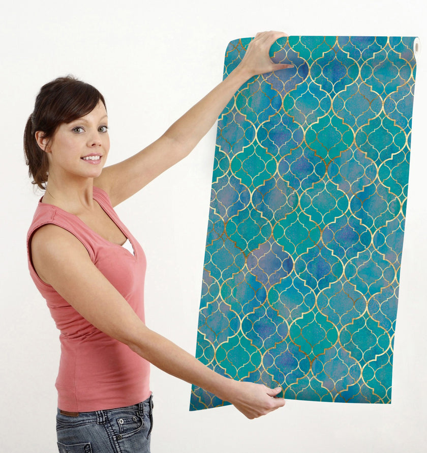 GW7011 Watercolor Moroccan Pattern Peel and Stick Wallpaper Roll 19 inch  x 18 ft. Long Turquoise Purple Blue Tan