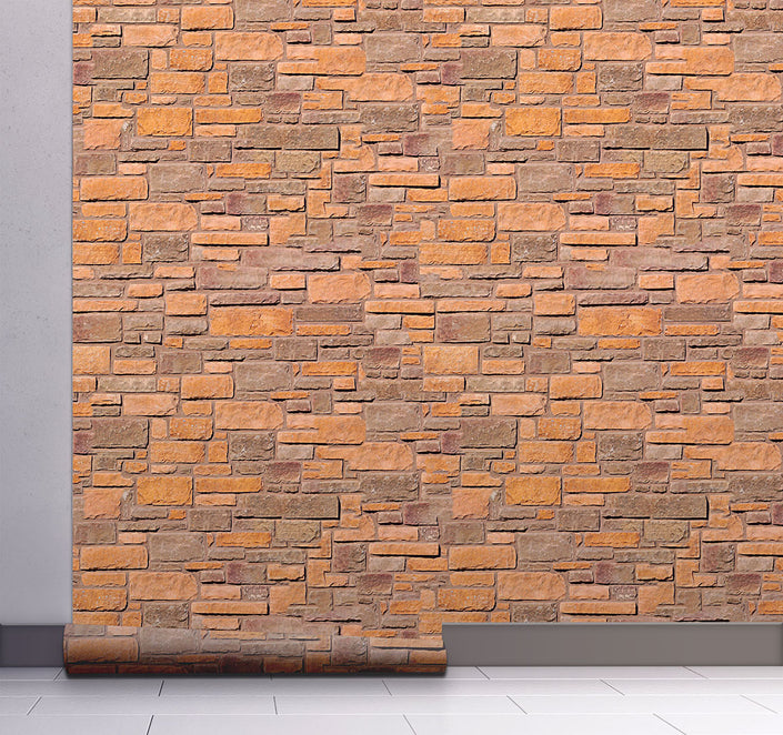 GW7021 Brick Peel and Stick Wallpaper Roll 19 inch Wide x 18 ft. Long Light Orange Beige Brown
