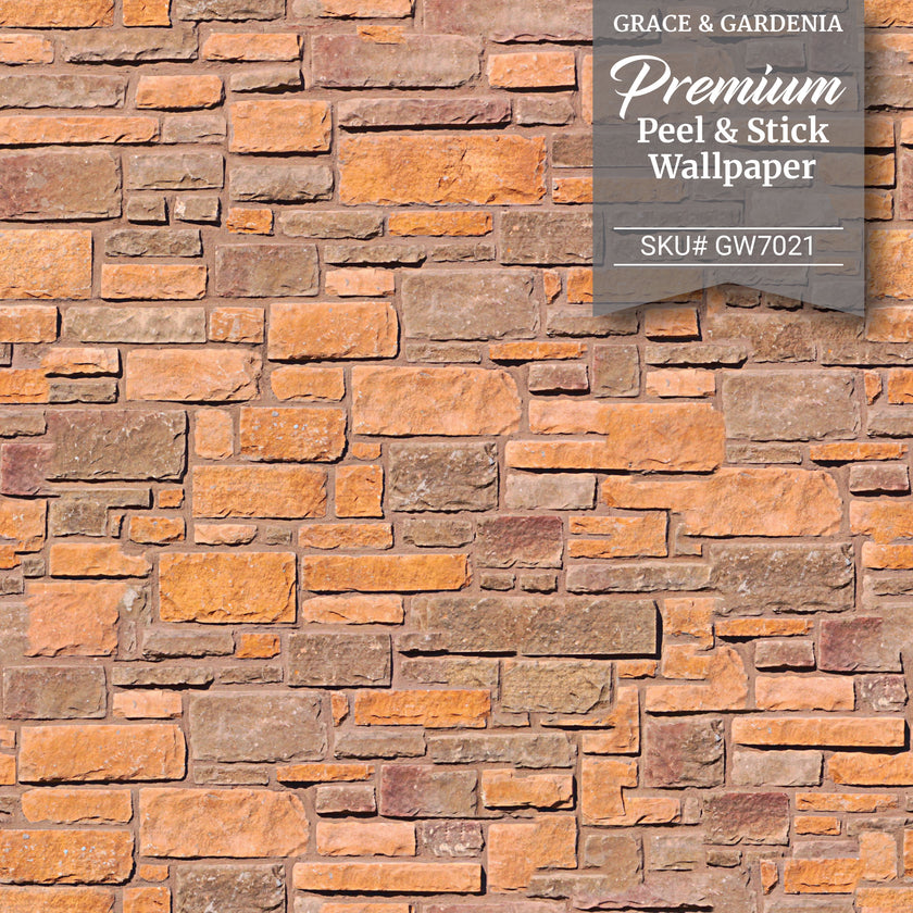 GW7021 Brick Peel and Stick Wallpaper Roll 19 inch Wide x 18 ft. Long Light Orange Beige Brown