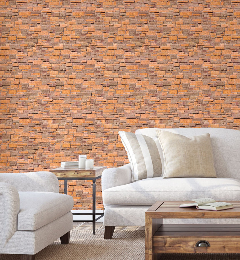 GW7021 Brick Peel and Stick Wallpaper Roll 19 inch Wide x 18 ft. Long Light Orange Beige Brown
