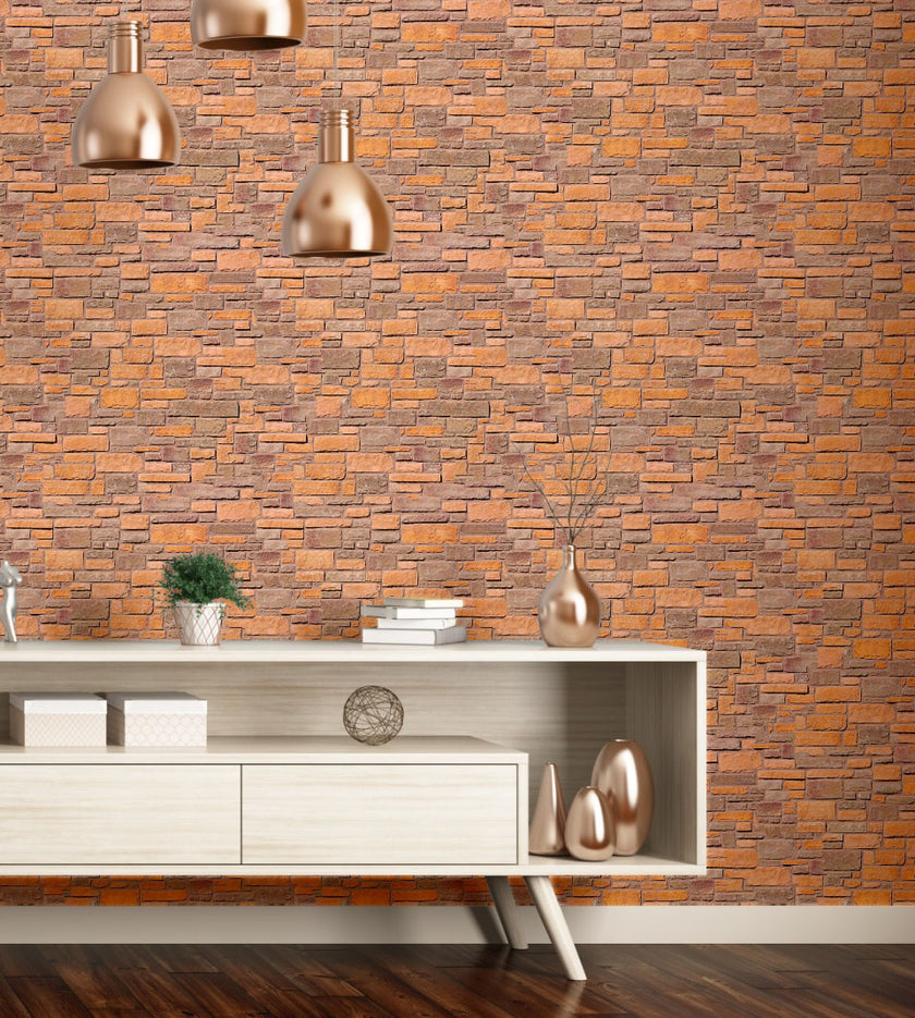 GW7021 Brick Peel and Stick Wallpaper Roll 19 inch Wide x 18 ft. Long Light Orange Beige Brown