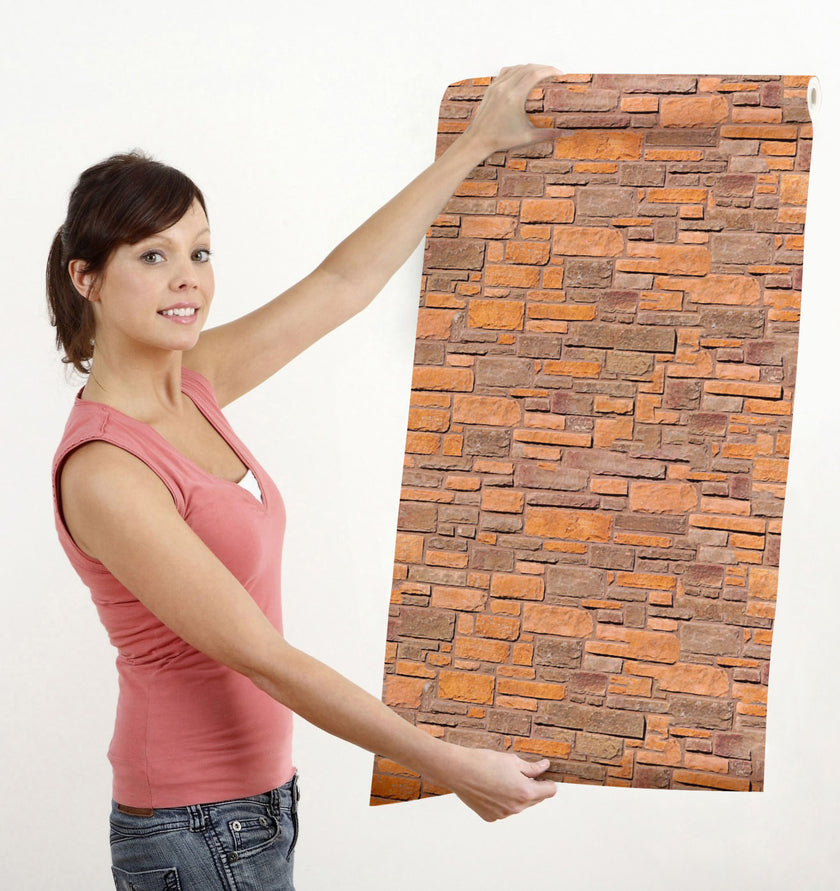 GW7021 Brick Peel and Stick Wallpaper Roll 19 inch Wide x 18 ft. Long Light Orange Beige Brown