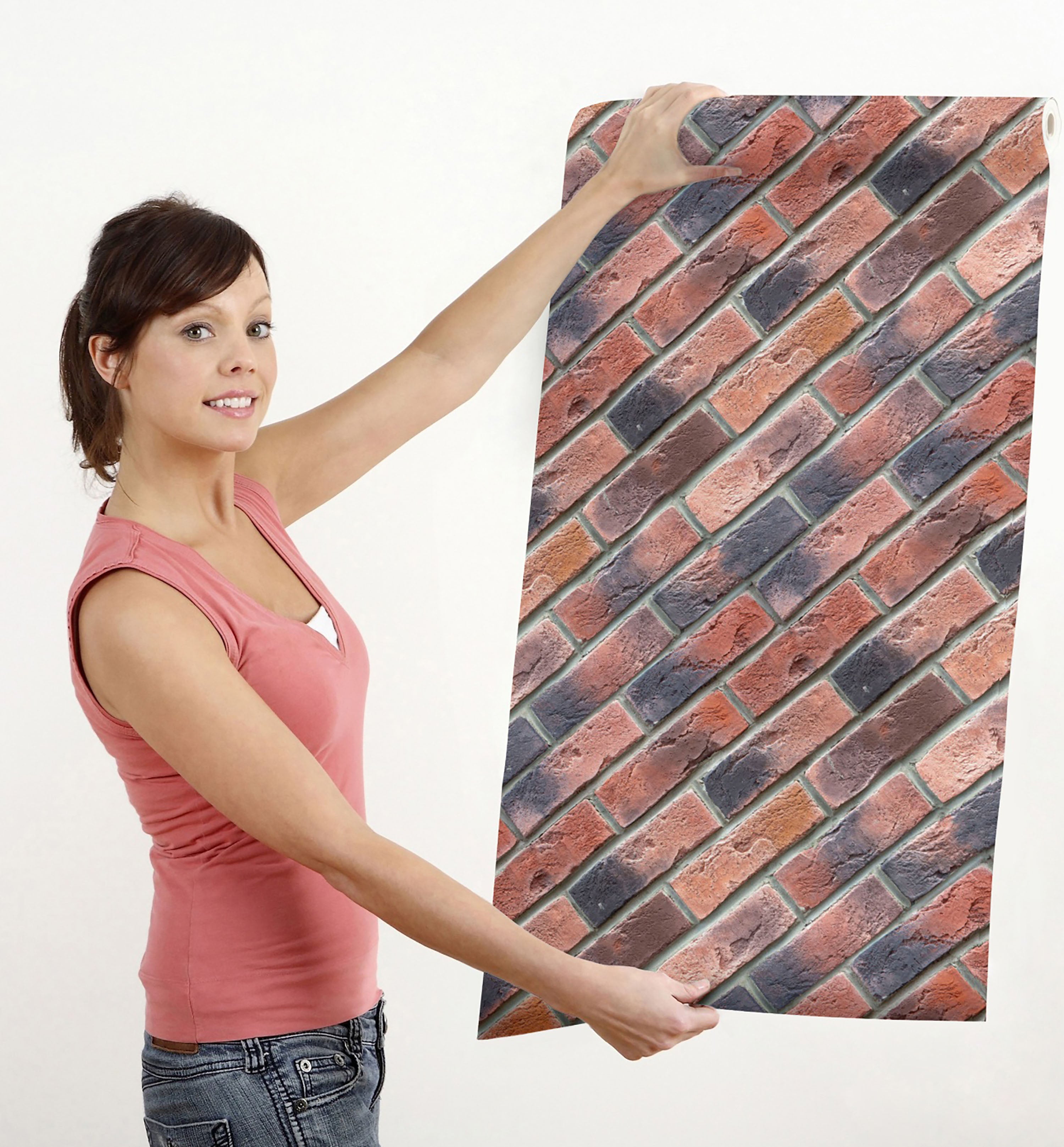 GW7031 Grace & Gardenia Diagonal Red Brick Peel and Stick Wallpaper Roll 20.5 inch Wide x 18 ft. Long, Red Orange